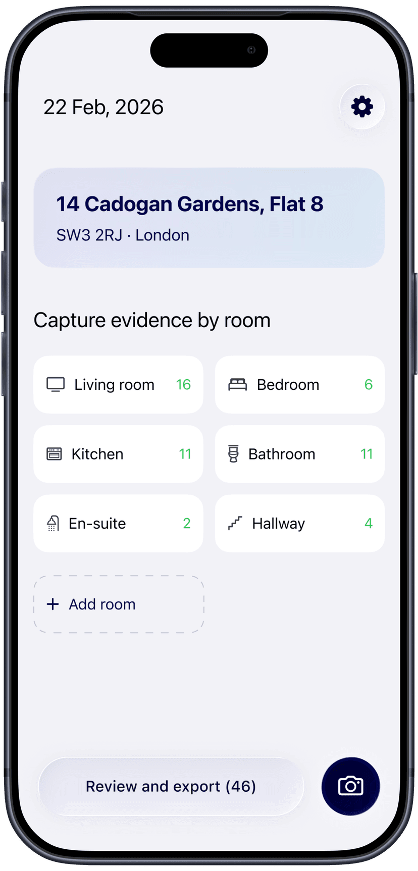 Oria app showing room-by-room evidence capture